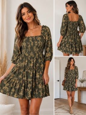 NWT Angie Olive Green Floral Smocked Tiered Mini Dress Size M Boho Cottagecore